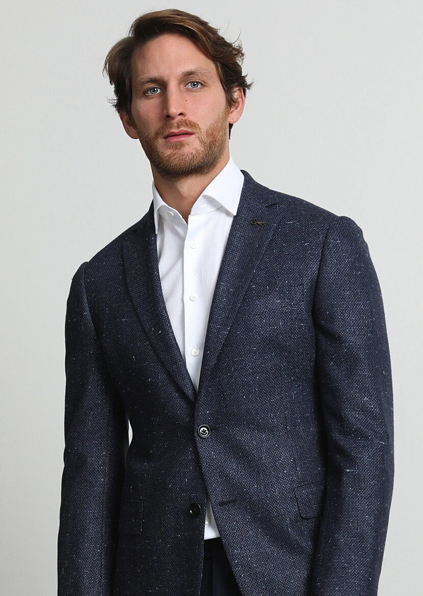 Navy Blue Micro Regular Fit Silk Blended Jacket - 1