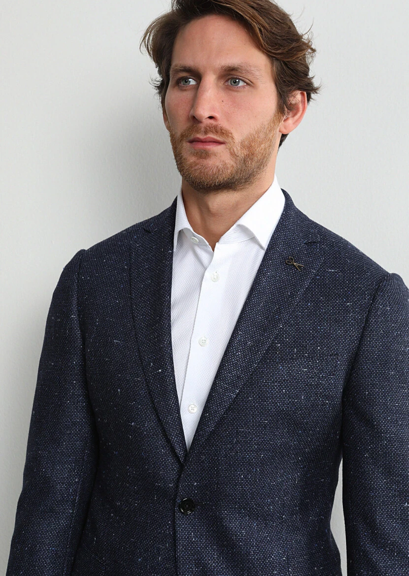 Navy Blue Micro Regular Fit Silk Blended Jacket - 2