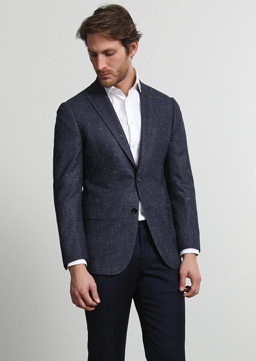 Navy Blue Micro Regular Fit Silk Blended Jacket - 3