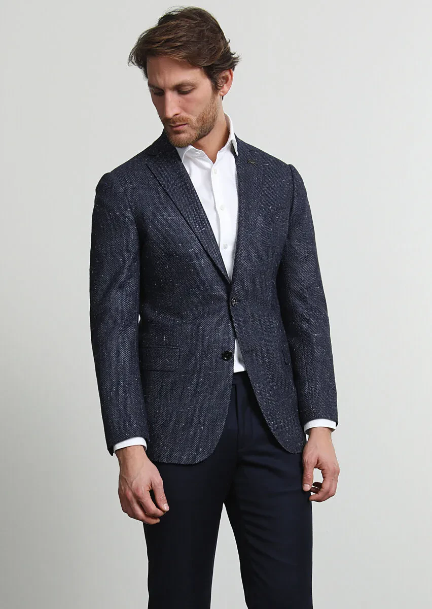 Navy Blue Micro Regular Fit Silk Blended Jacket - 3