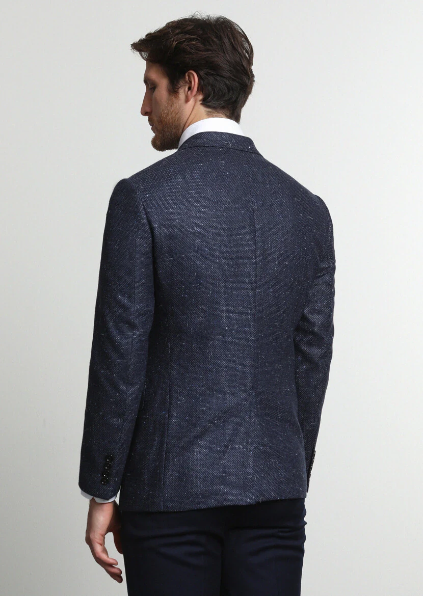 Navy Blue Micro Regular Fit Silk Blended Jacket - 4