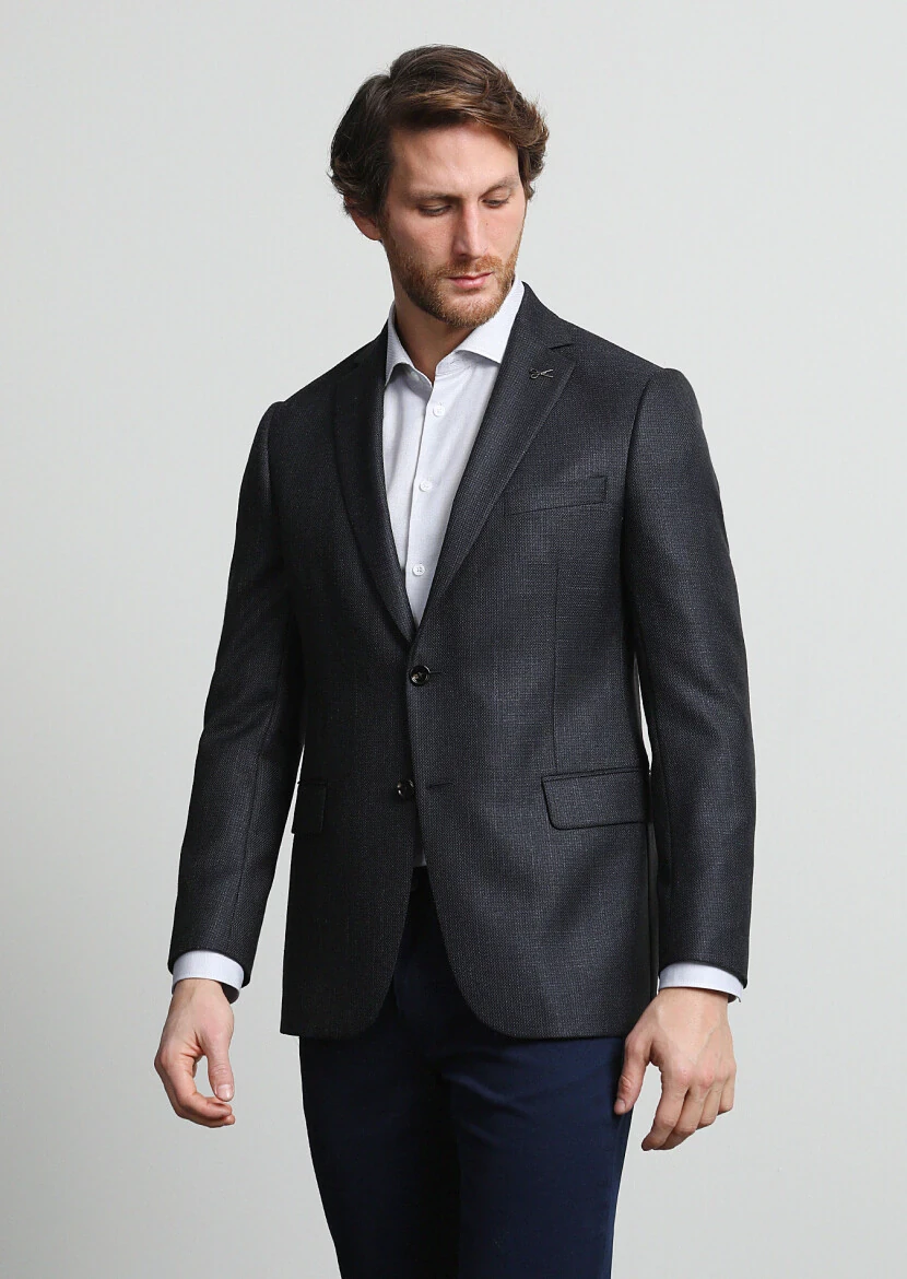 Navy Blue Micro Regular Fit Silk Blended Jacket - 1