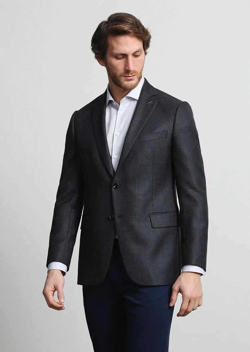 Navy Blue Micro Regular Fit Silk Blended Jacket - 1