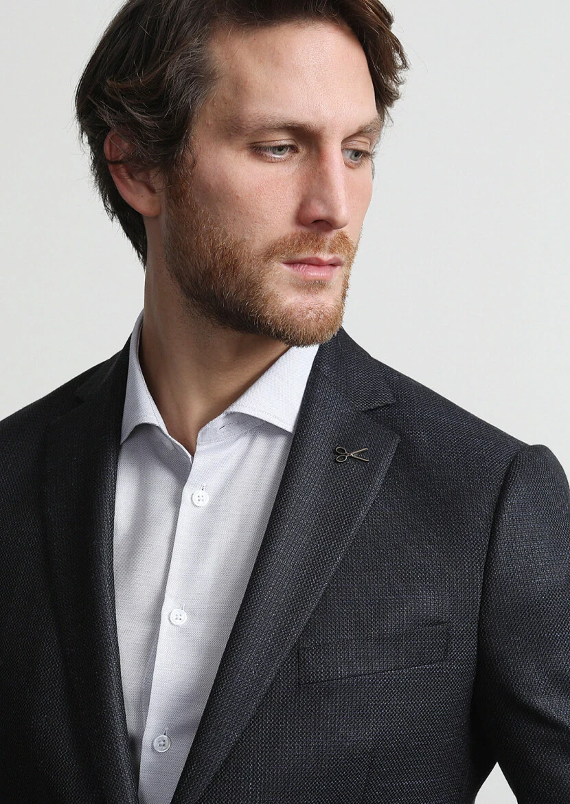 Navy Blue Micro Regular Fit Silk Blended Jacket - 2