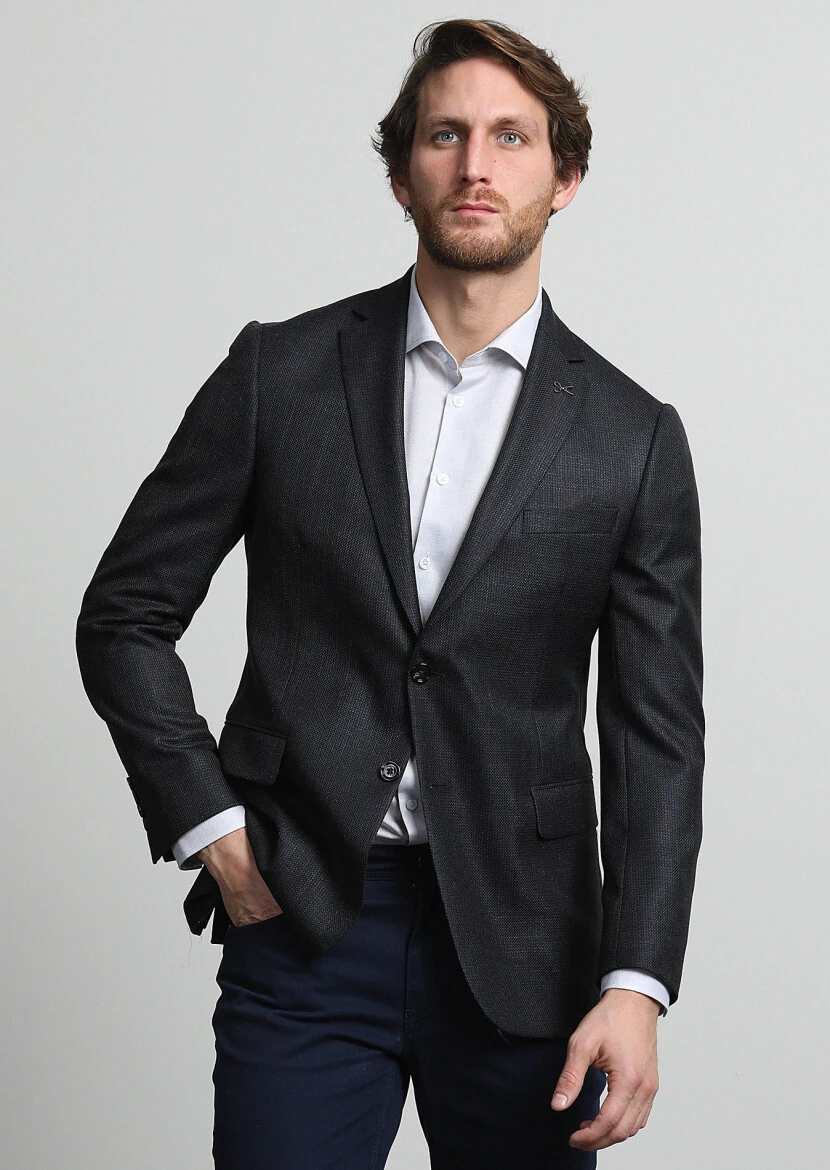 Navy Blue Micro Regular Fit Silk Blended Jacket - 3