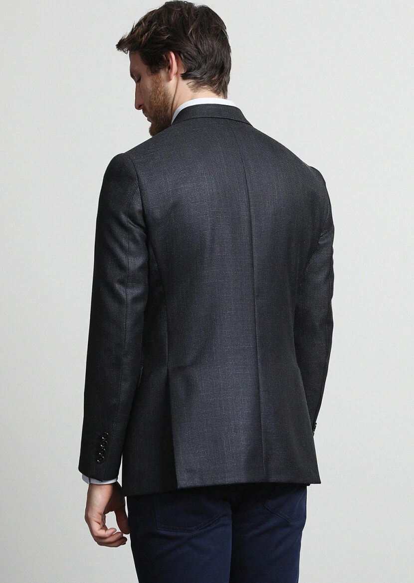 Navy Blue Micro Regular Fit Silk Blended Jacket - 4