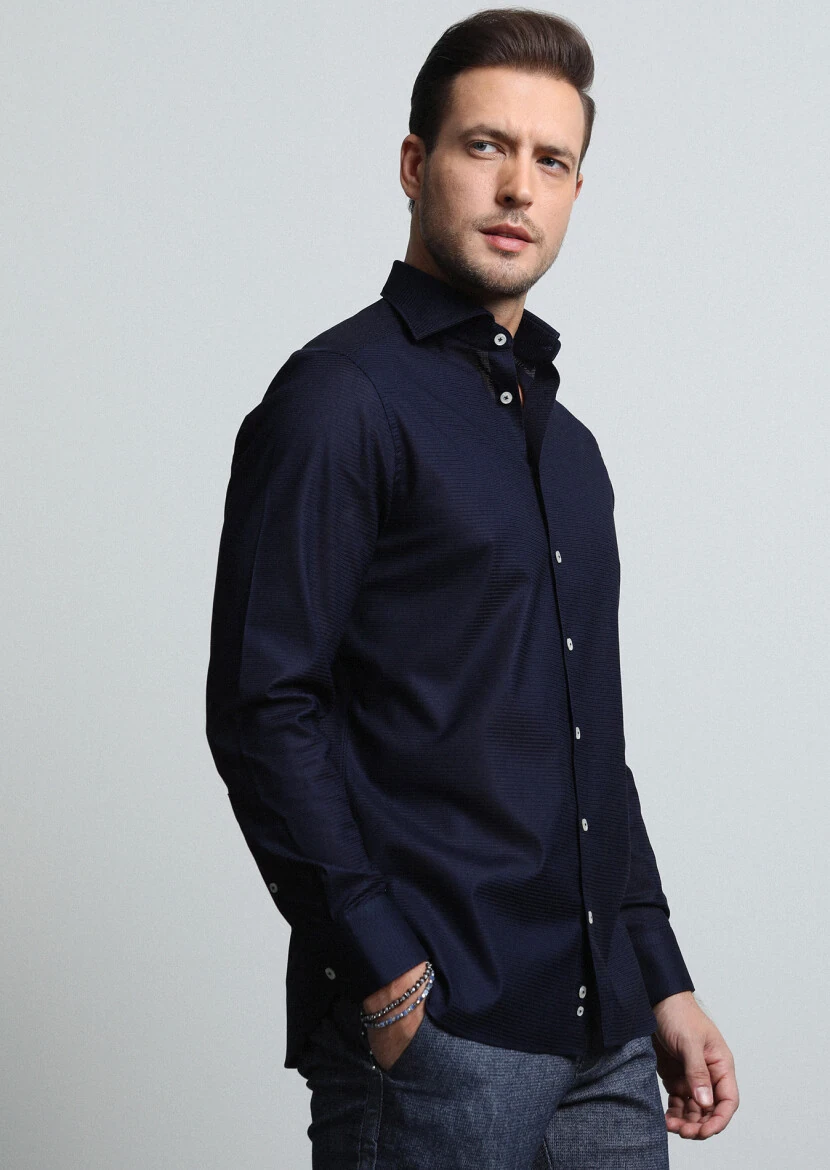 Navy Blue Micro Regular Fit Weaving Classical 100% Cotton Shirt - 1