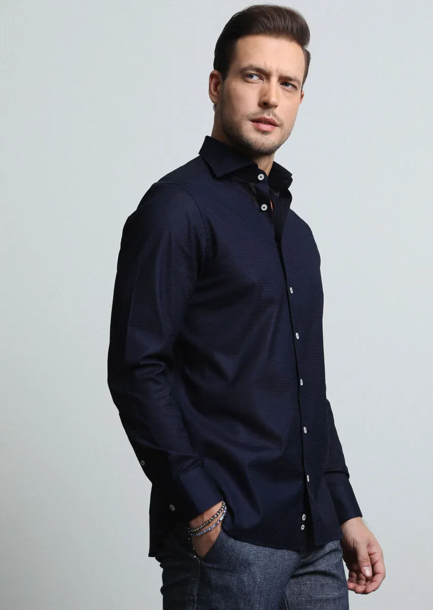 Navy Blue Micro Regular Fit Weaving Classical 100% Cotton Shirt - 1