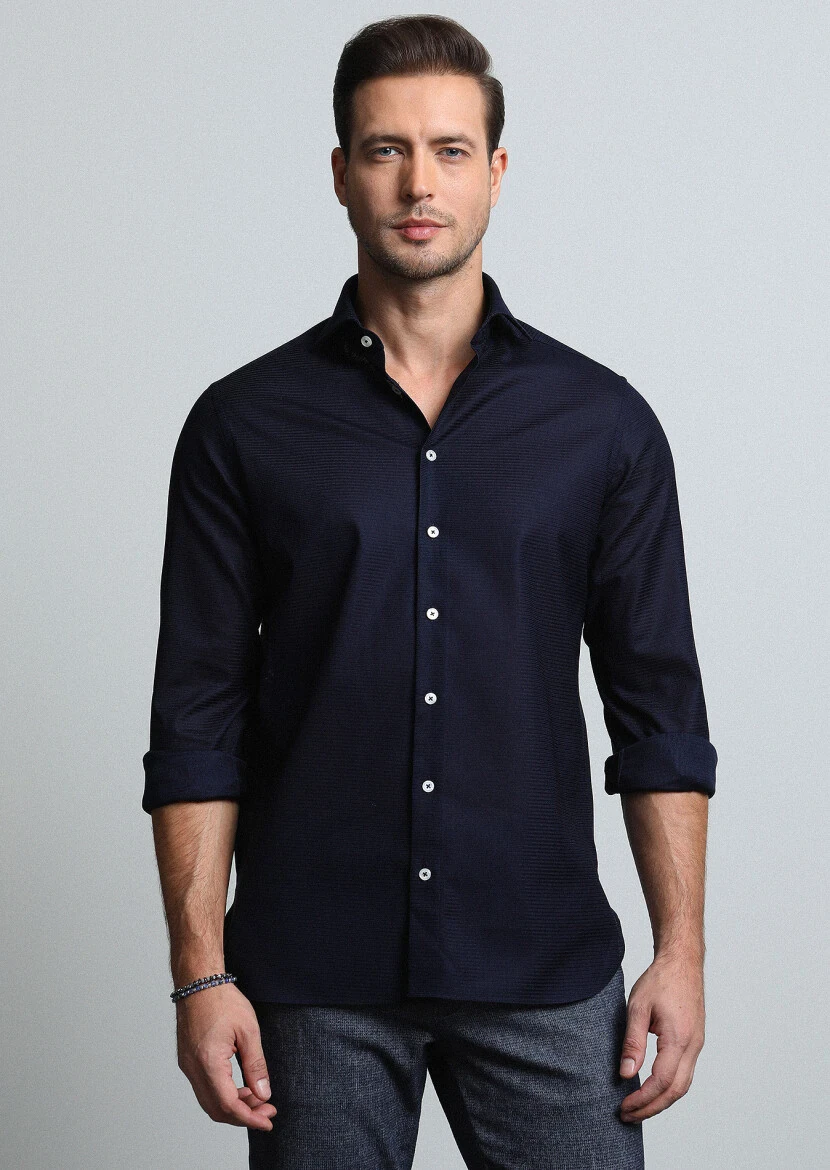Navy Blue Micro Regular Fit Weaving Classical 100% Cotton Shirt - 2