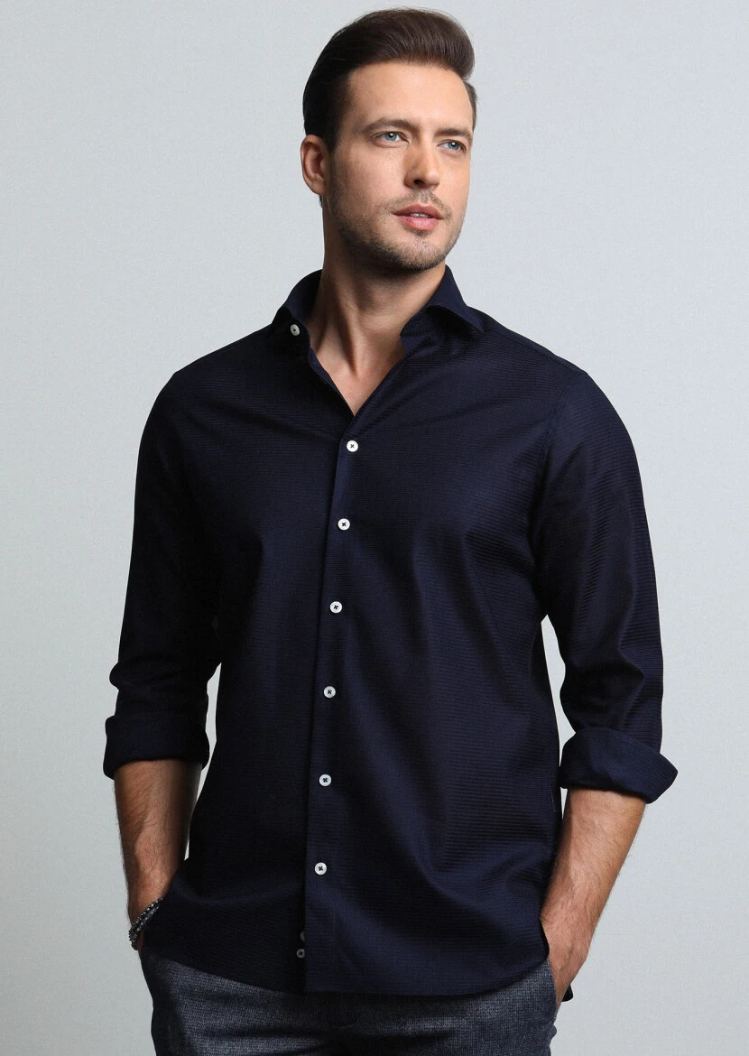 Navy Blue Micro Regular Fit Weaving Classical 100% Cotton Shirt - 3
