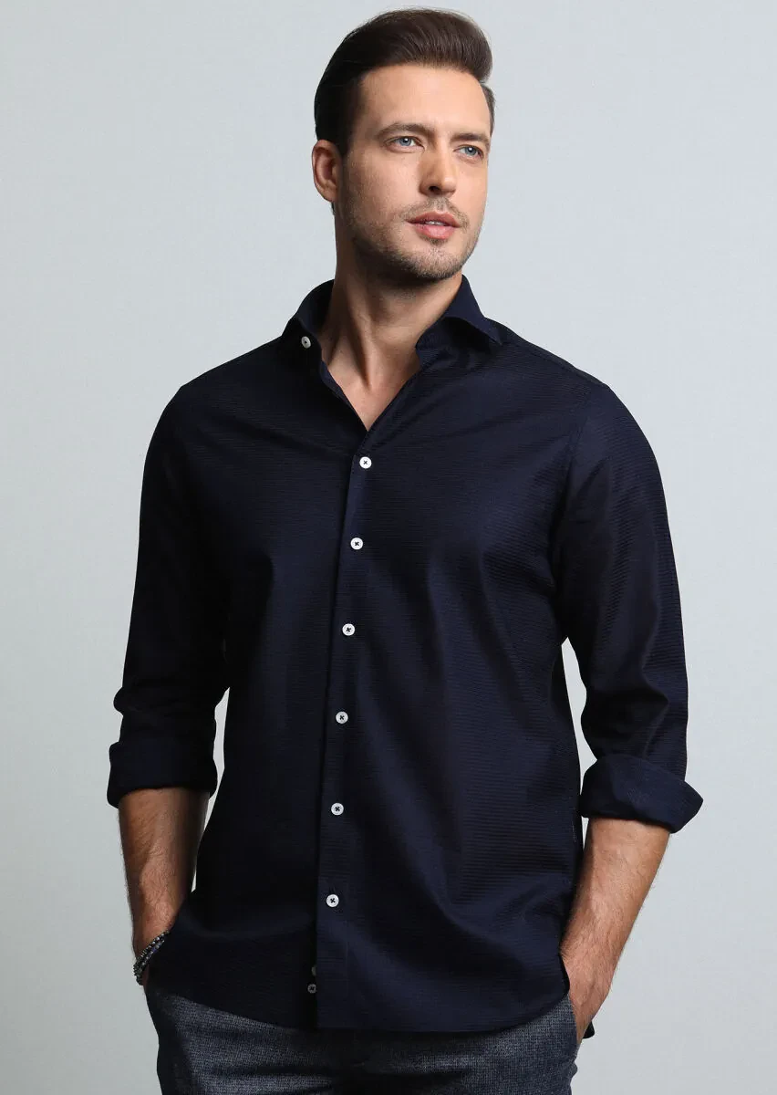 Navy Blue Micro Regular Fit Weaving Classical 100% Cotton Shirt - 3