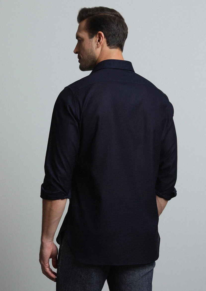 Navy Blue Micro Regular Fit Weaving Classical 100% Cotton Shirt - 5