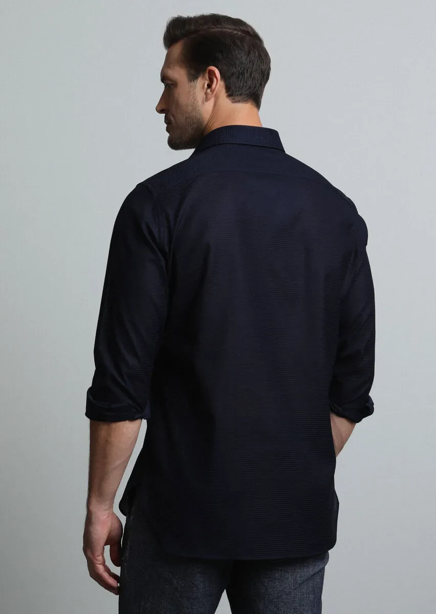 Navy Blue Micro Regular Fit Weaving Classical 100% Cotton Shirt - 5