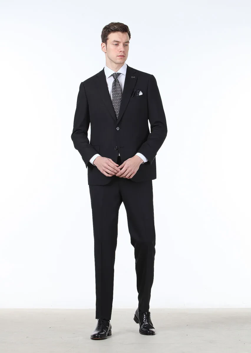 Navy Blue Micro Regular Fit Wool Blended Suit - 1