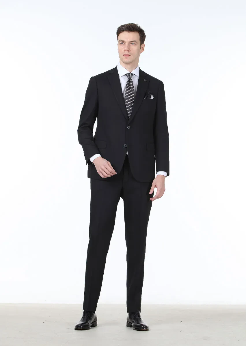 Navy Blue Micro Regular Fit Wool Blended Suit - 3
