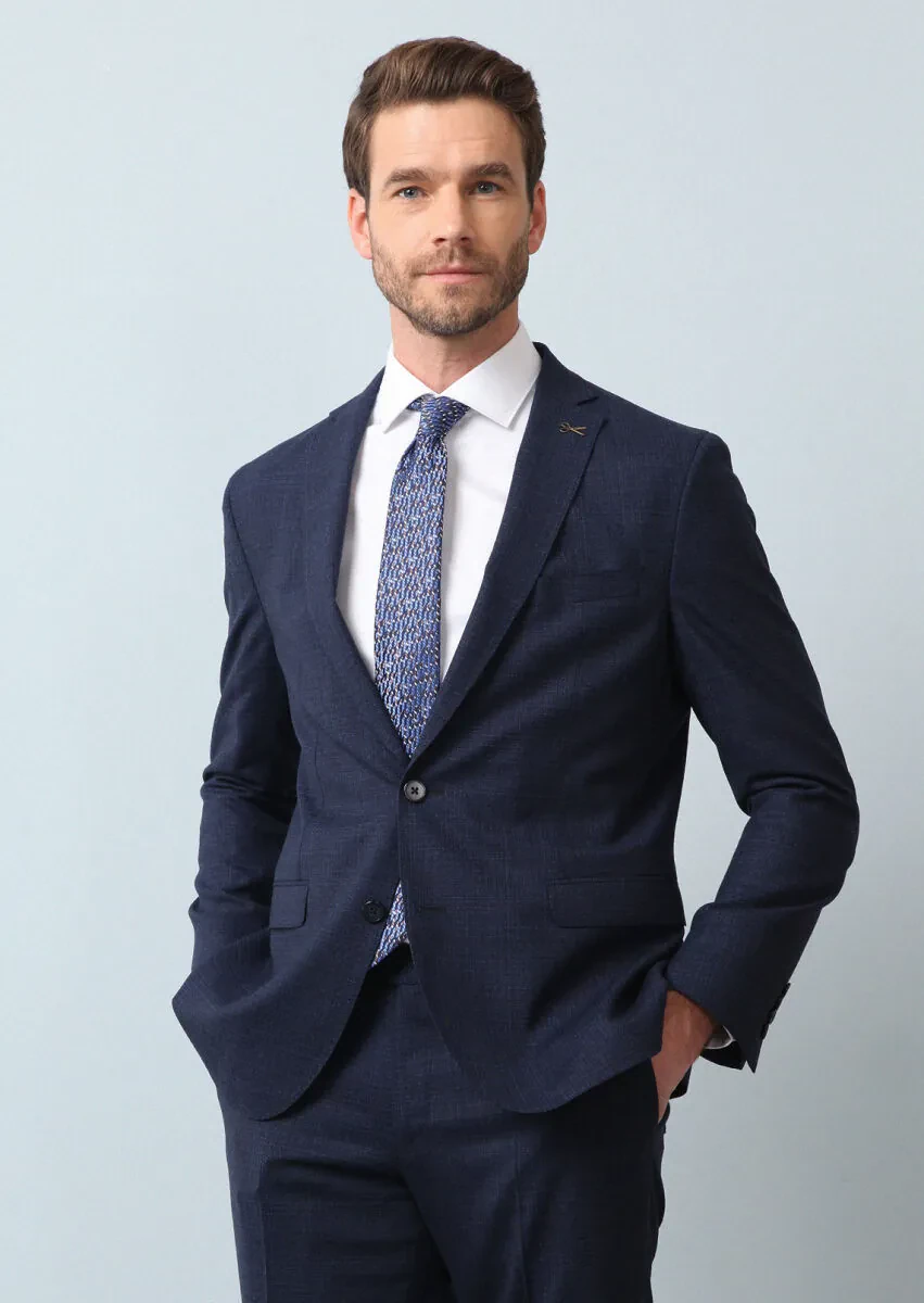 Navy Blue Micro Shirt Shoulder Slim Fit Eco Friendly 100% Wool Suit - 4