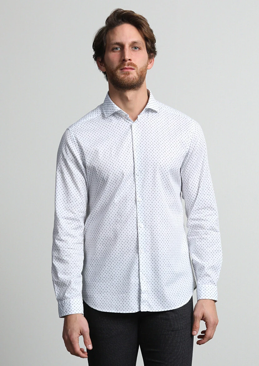 Navy Blue Micro Slim Fit Weaving Casual 100% Cotton Shirt - 1