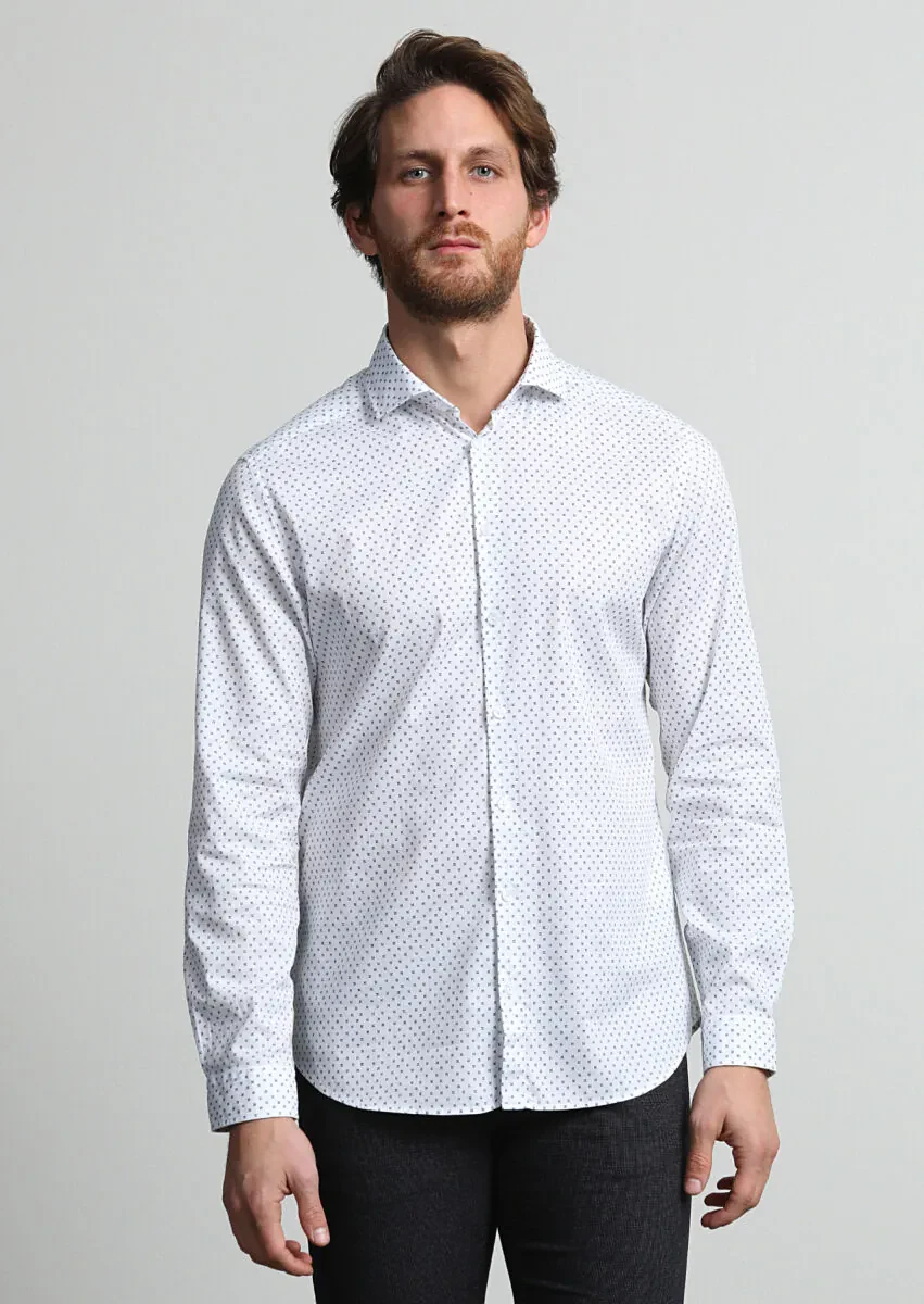 Navy Blue Micro Slim Fit Weaving Casual 100% Cotton Shirt - 1