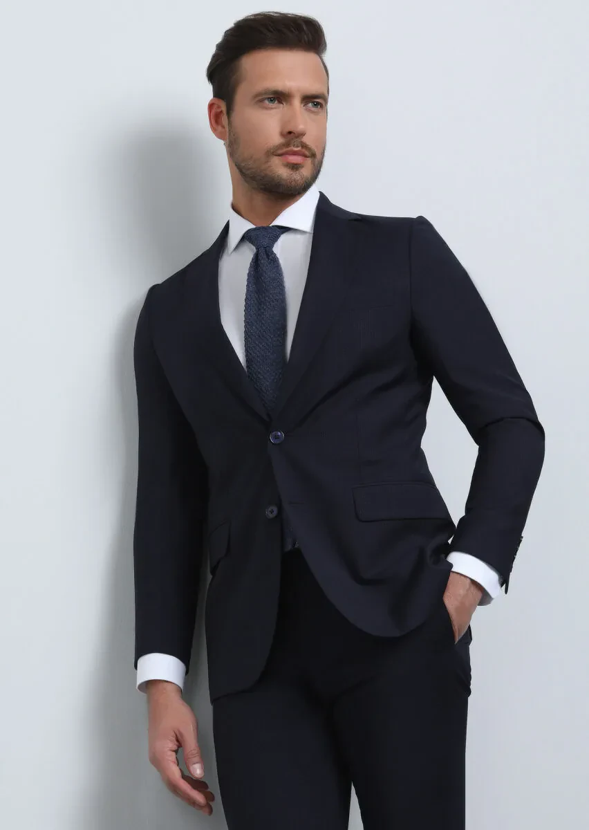 Navy Blue Micro Thin&Taller Slim Fit 100% Wool Suit - 3