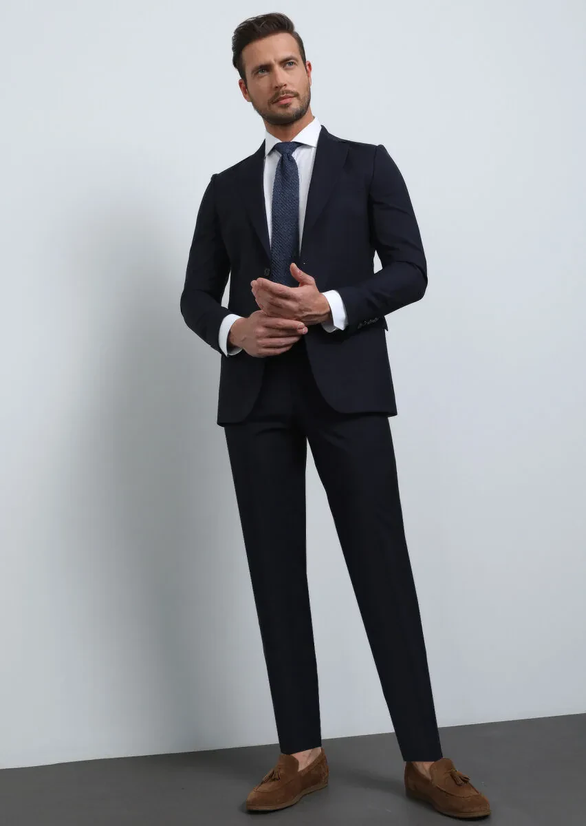Navy Blue Micro Thin&Taller Slim Fit 100% Wool Suit - 4