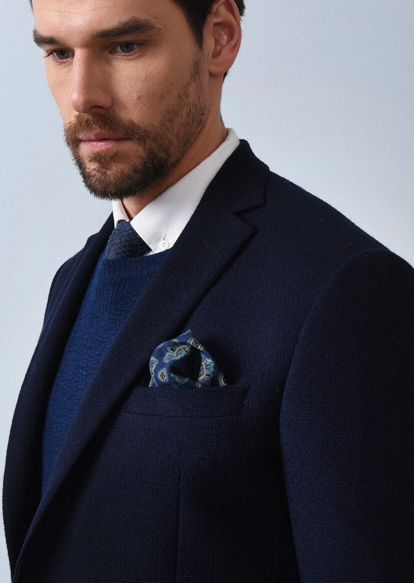 Navy Blue Micro Zeroweight Slim Fit Wool Blended Jacket - 1