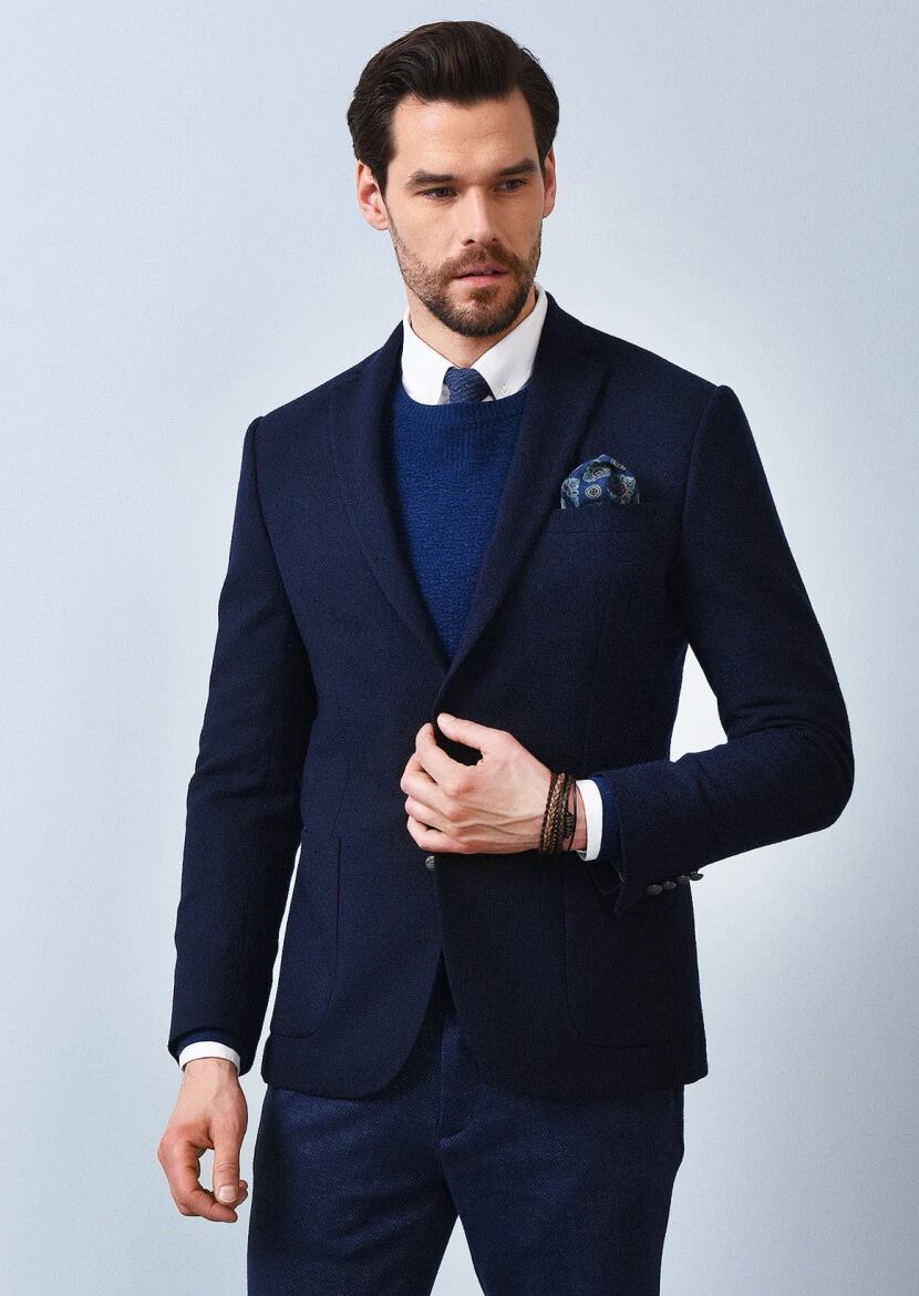 Navy Blue Micro Zeroweight Slim Fit Wool Blended Jacket - 2