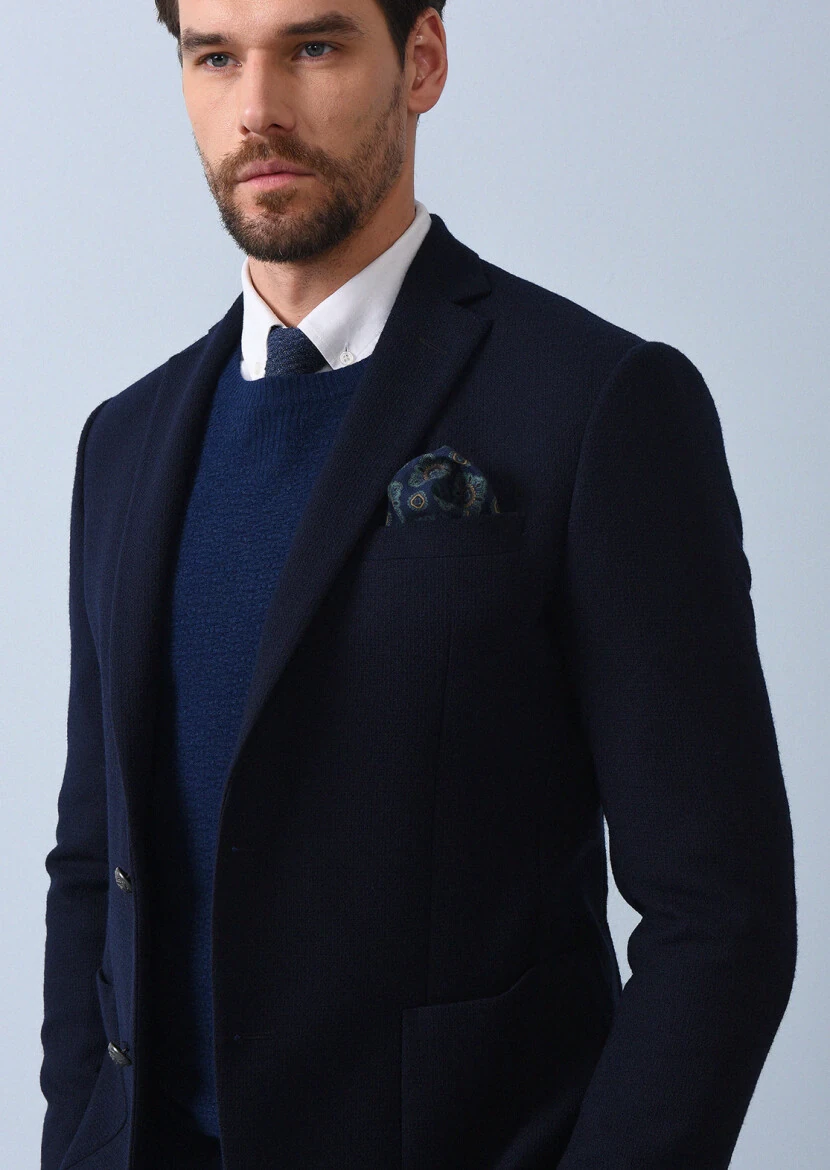 Navy Blue Micro Zeroweight Slim Fit Wool Blended Jacket - 4