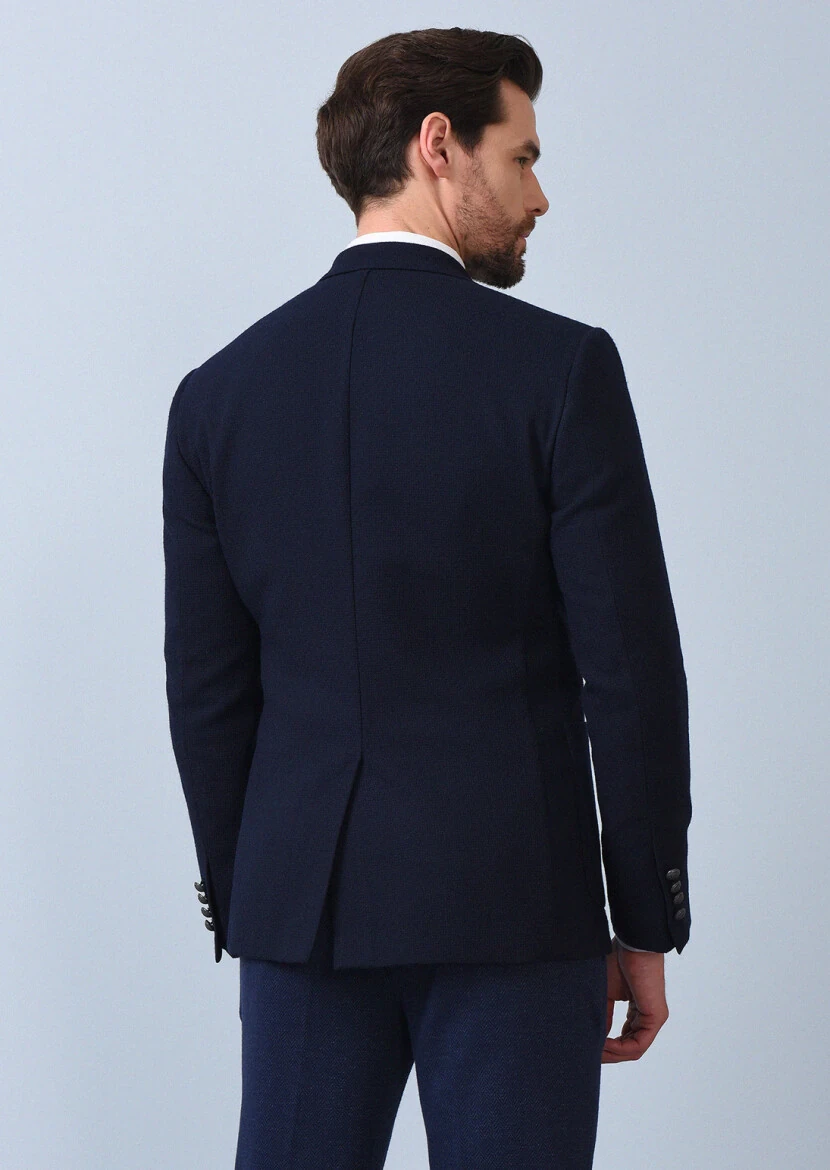 Navy Blue Micro Zeroweight Slim Fit Wool Blended Jacket - 5