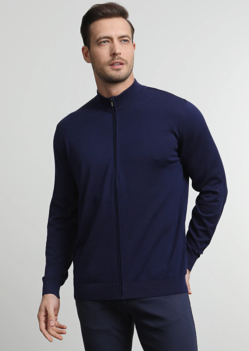 Navy Blue Mock-Turtleneck Jacquard 100% Cotton Cardigan - 1