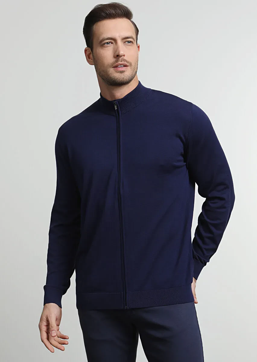 Navy Blue Mock-Turtleneck Jacquard 100% Cotton Cardigan - 1