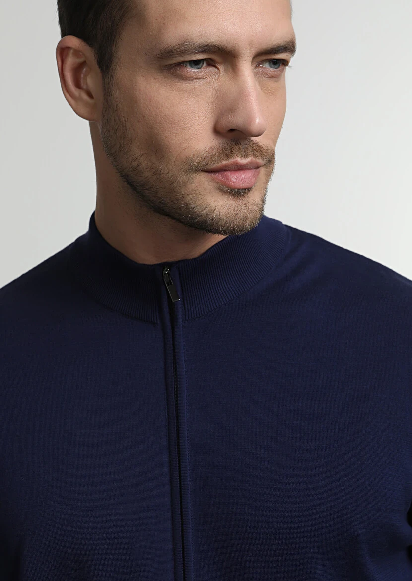 Navy Blue Mock-Turtleneck Jacquard 100% Cotton Cardigan - 2