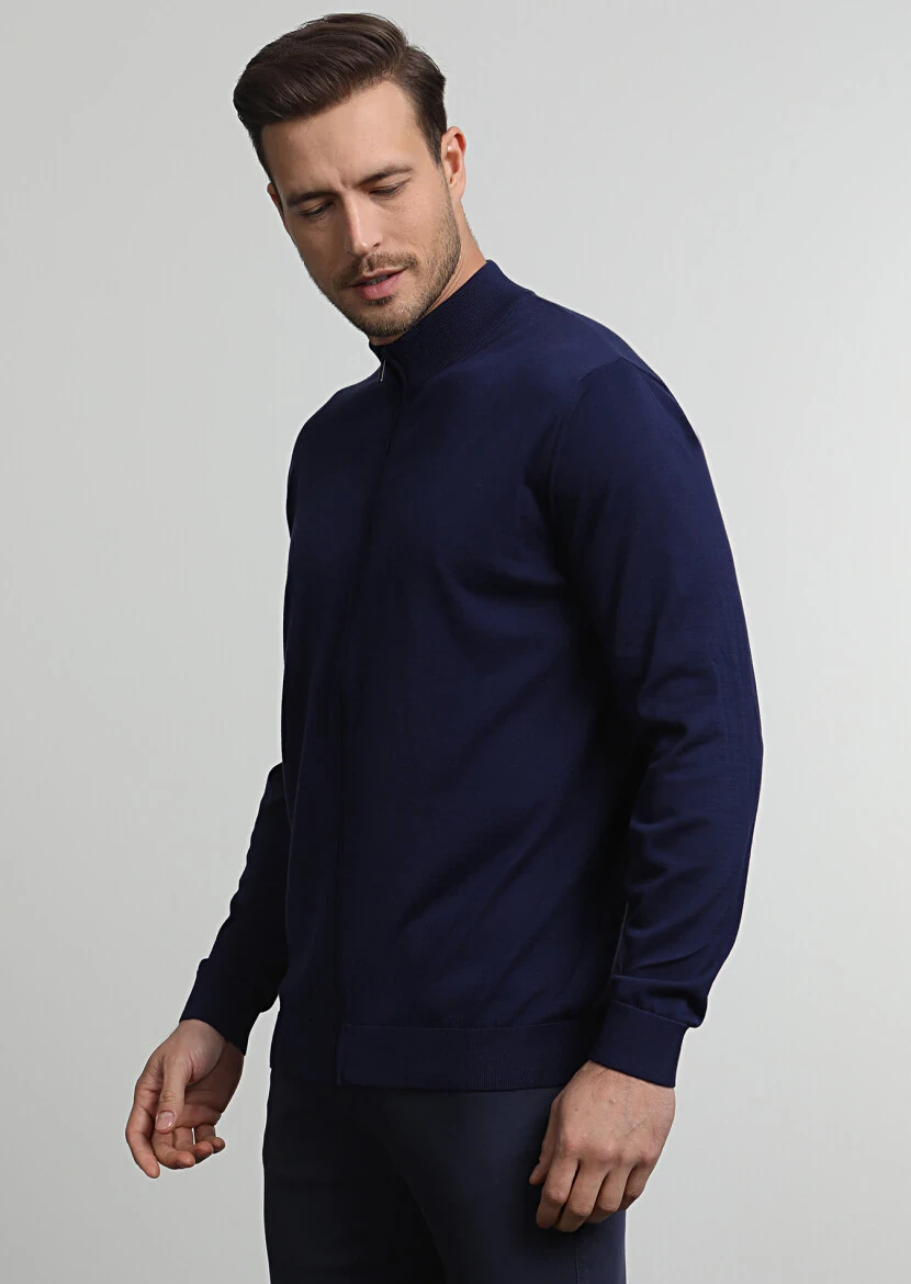 Navy Blue Mock-Turtleneck Jacquard 100% Cotton Cardigan - 3