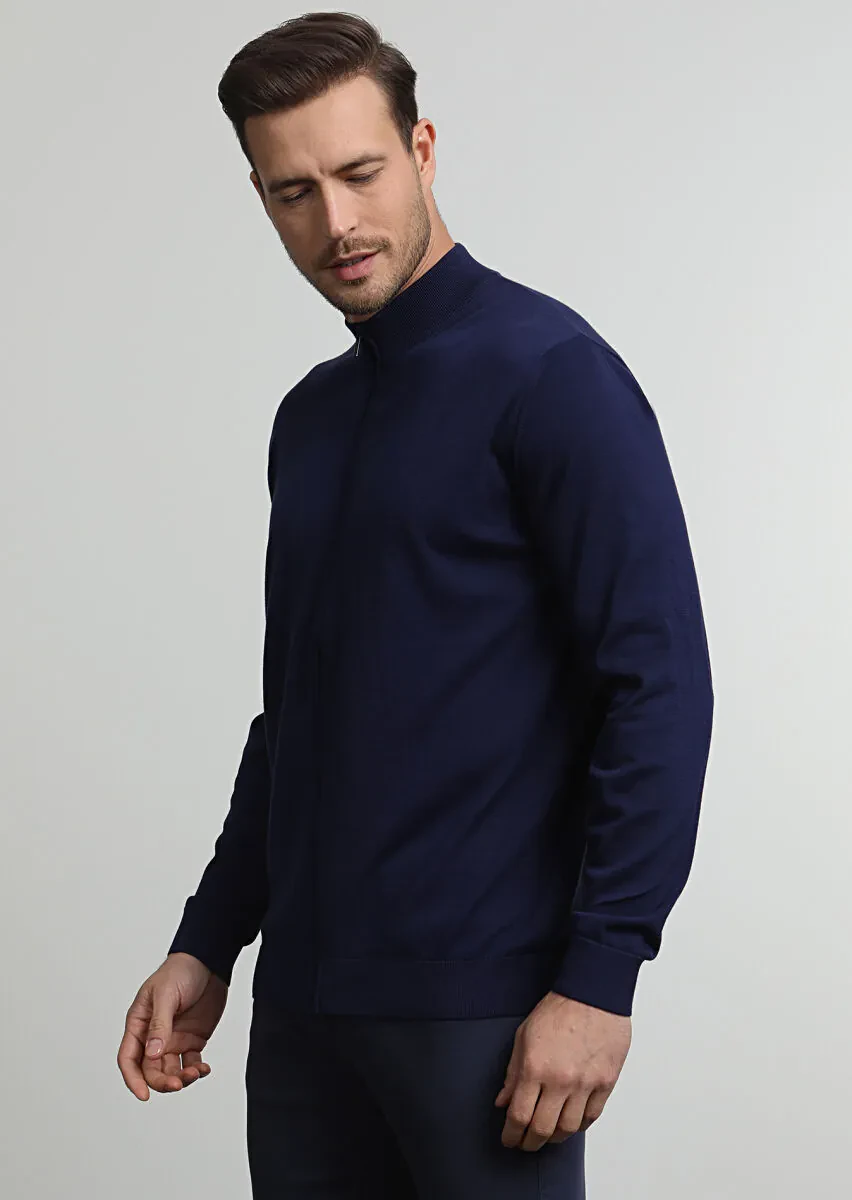 Navy Blue Mock-Turtleneck Jacquard 100% Cotton Cardigan - 3