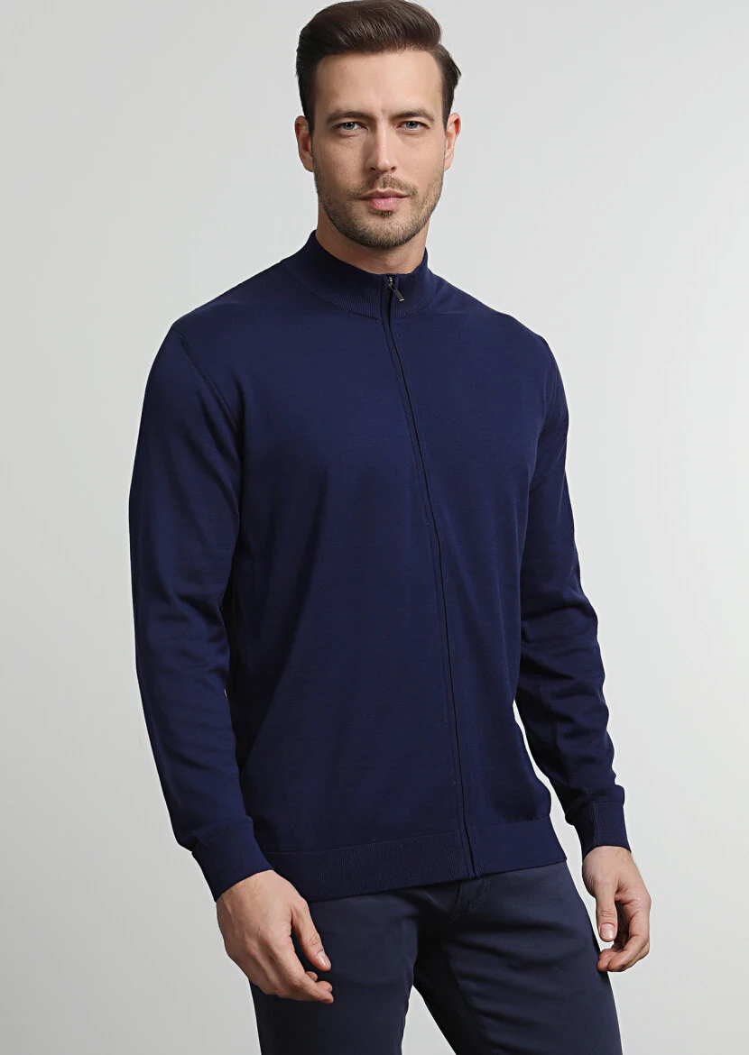 Navy Blue Mock-Turtleneck Jacquard 100% Cotton Cardigan - 4