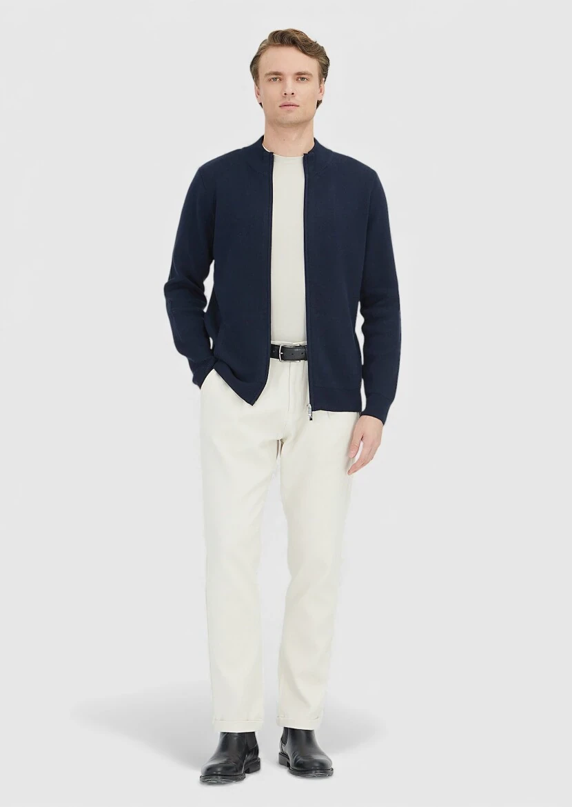 Navy Blue Mock-Turtleneck Plain Knitting Cotton Blended Cardigan 