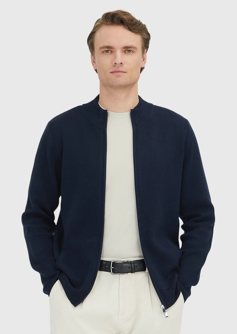 Navy Blue Mock-Turtleneck Plain Knitting Cotton Blended Cardigan - RAMSEY