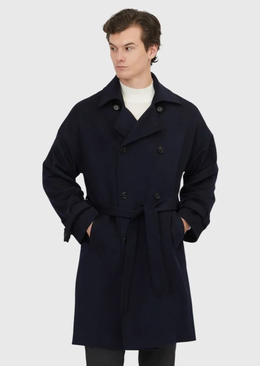 Navy Blue Oversize Fit Casual Weaving Overcoat - 1