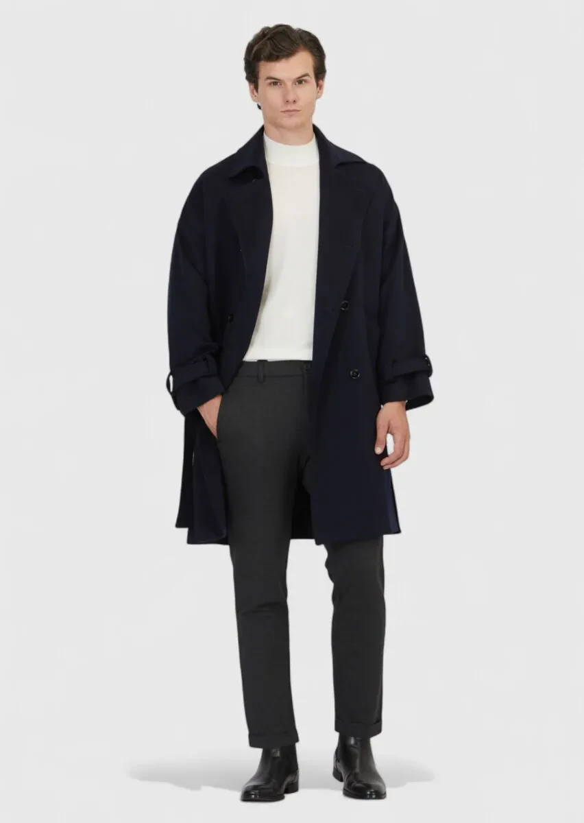 Navy Blue Oversize Fit Casual Weaving Overcoat - 2