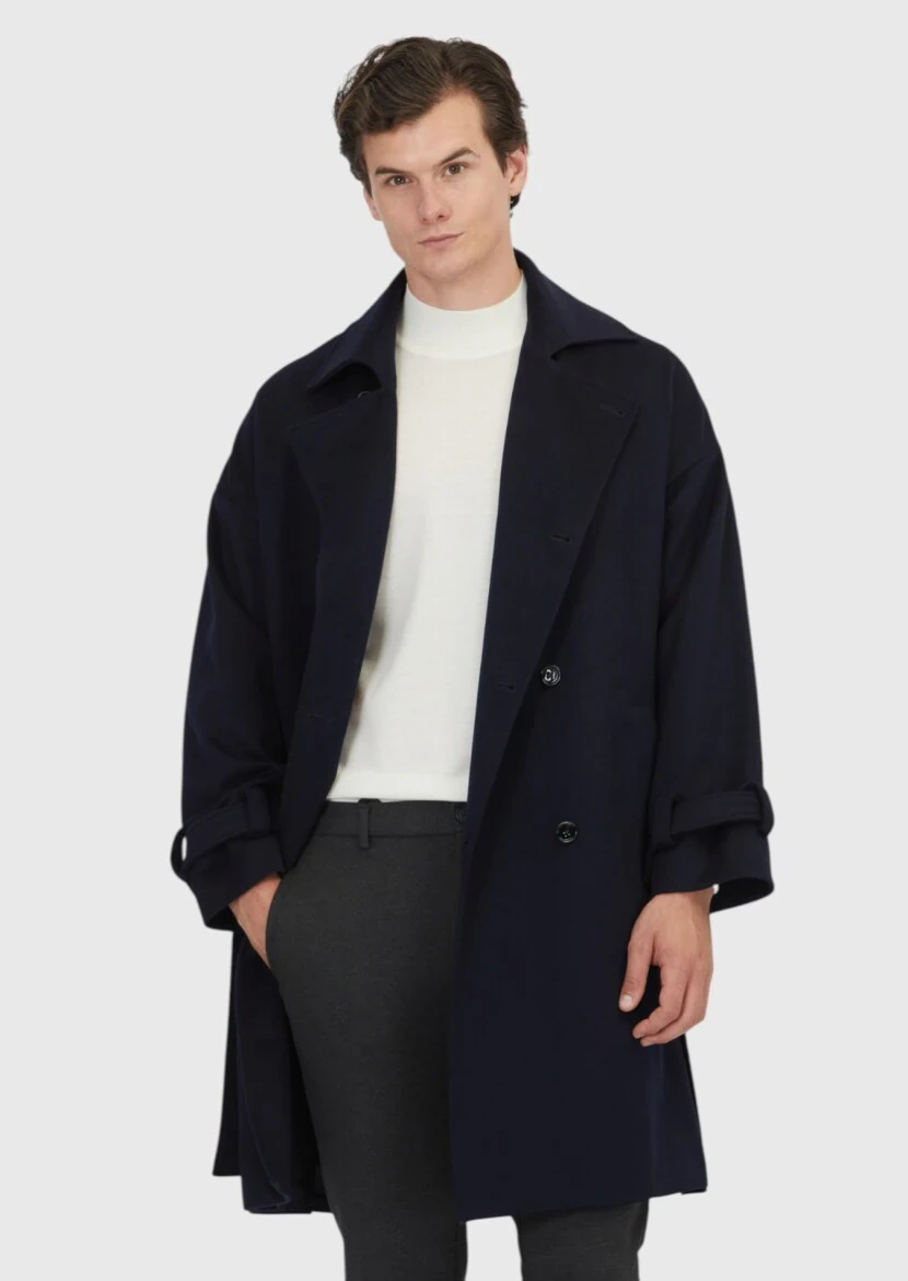 Navy Blue Oversize Fit Casual Weaving Overcoat - 3