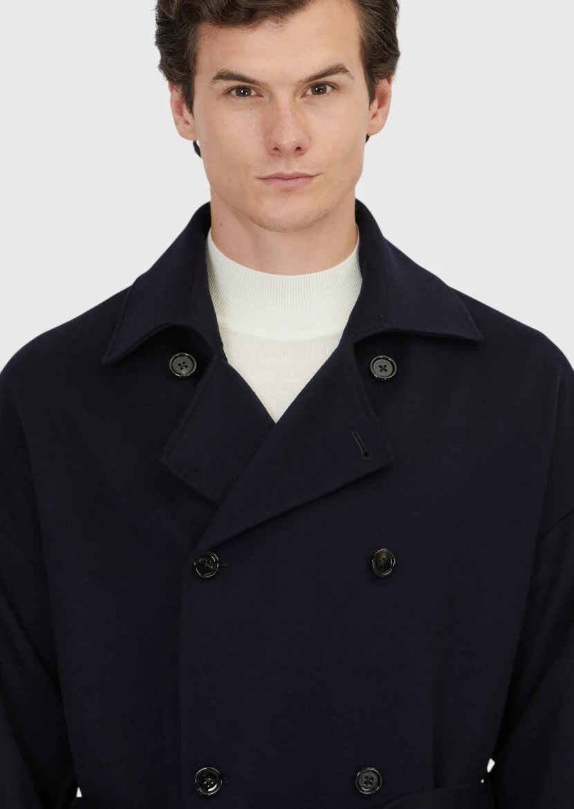 Navy Blue Oversize Fit Casual Weaving Overcoat - 4