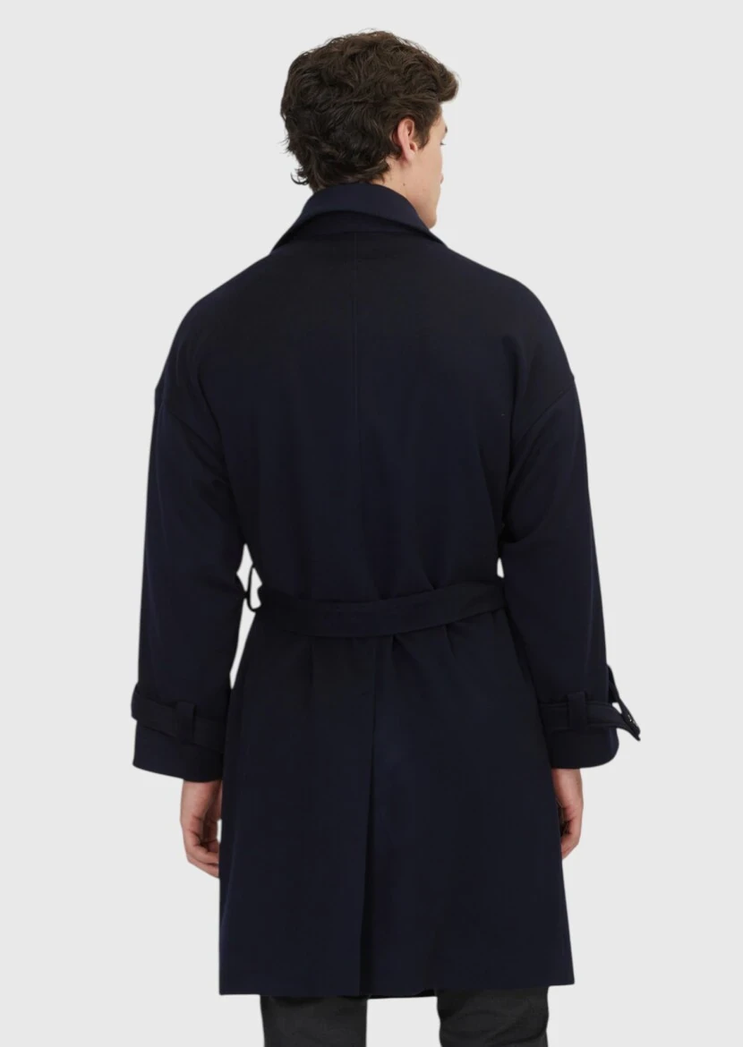 Navy Blue Oversize Fit Casual Weaving Overcoat - 7