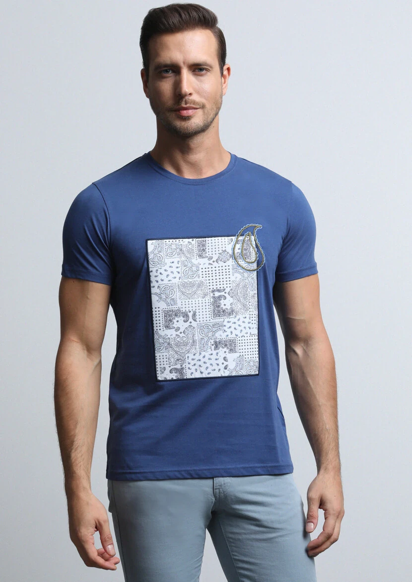 Navy Blue Patterned 100% Cotton T-Shirt 