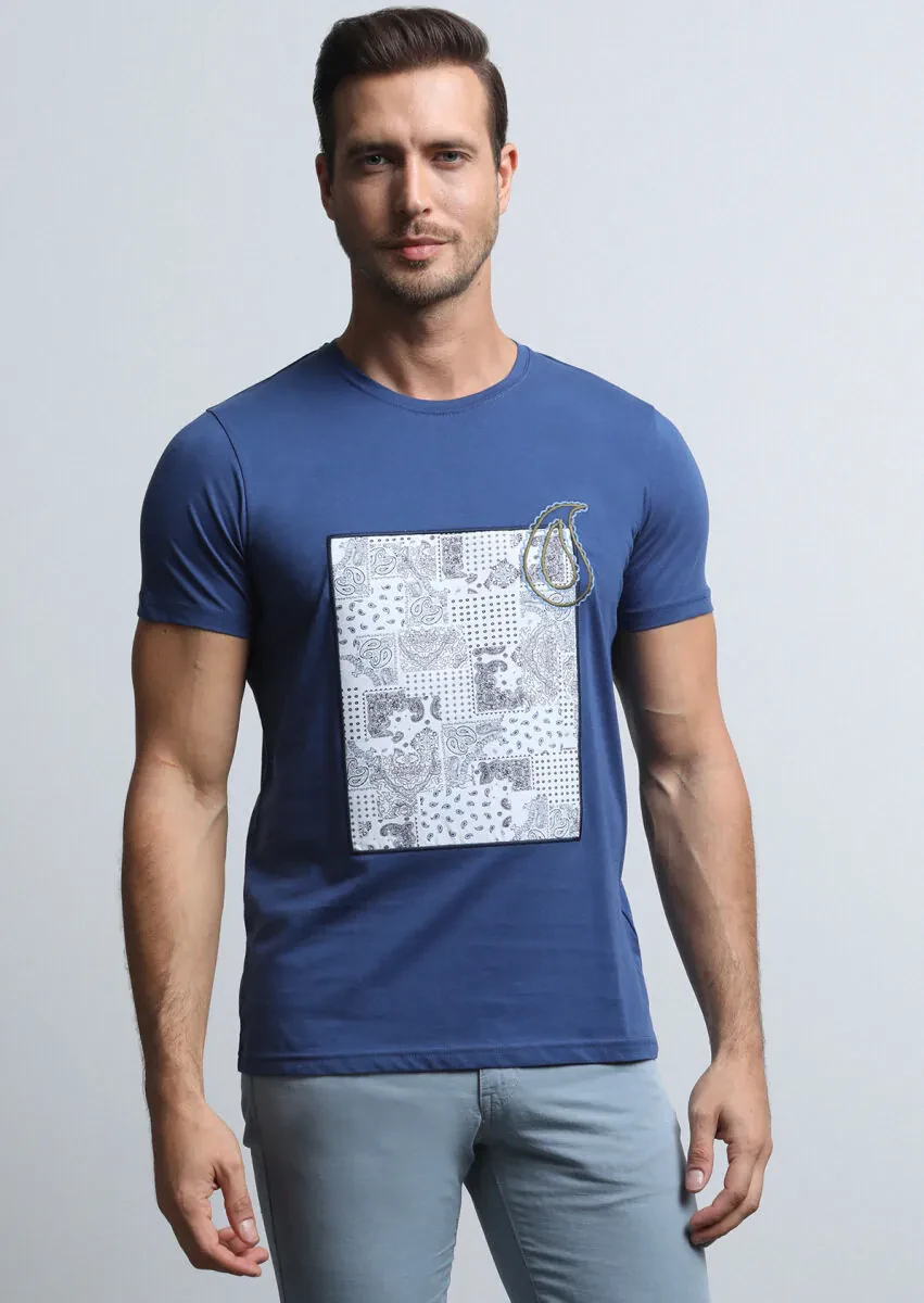 Navy Blue Patterned 100% Cotton T-Shirt - 2