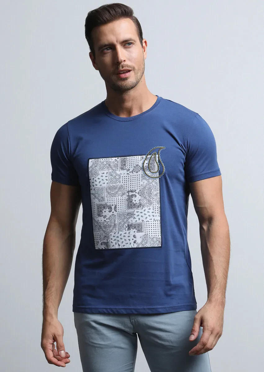 Navy Blue Patterned 100% Cotton T-Shirt - 3