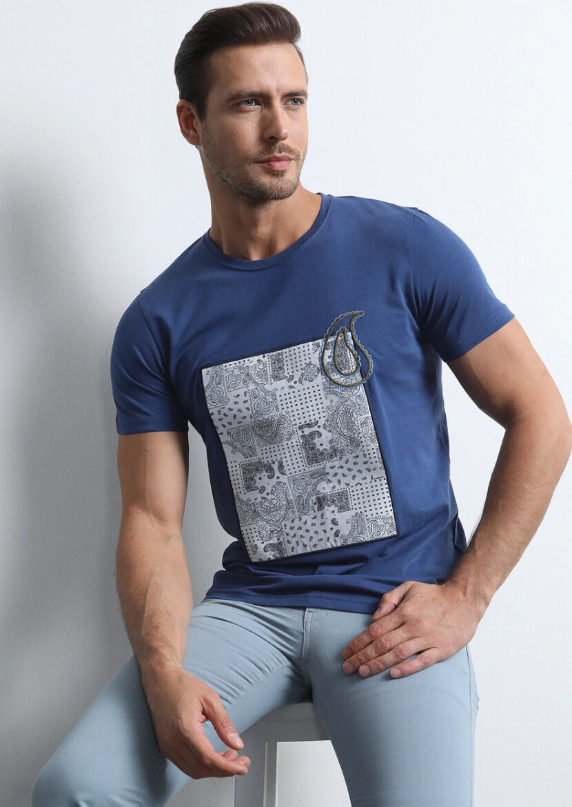 Navy Blue Patterned 100% Cotton T-Shirt - 4