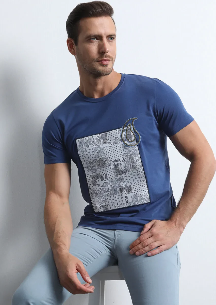 Navy Blue Patterned 100% Cotton T-Shirt - 4