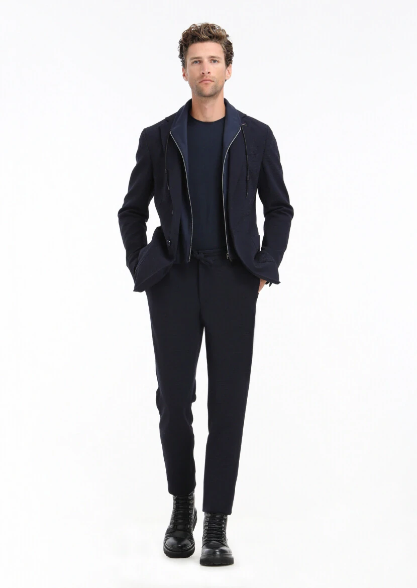 Navy Blue Patterned Comfort Fit Suit - 1