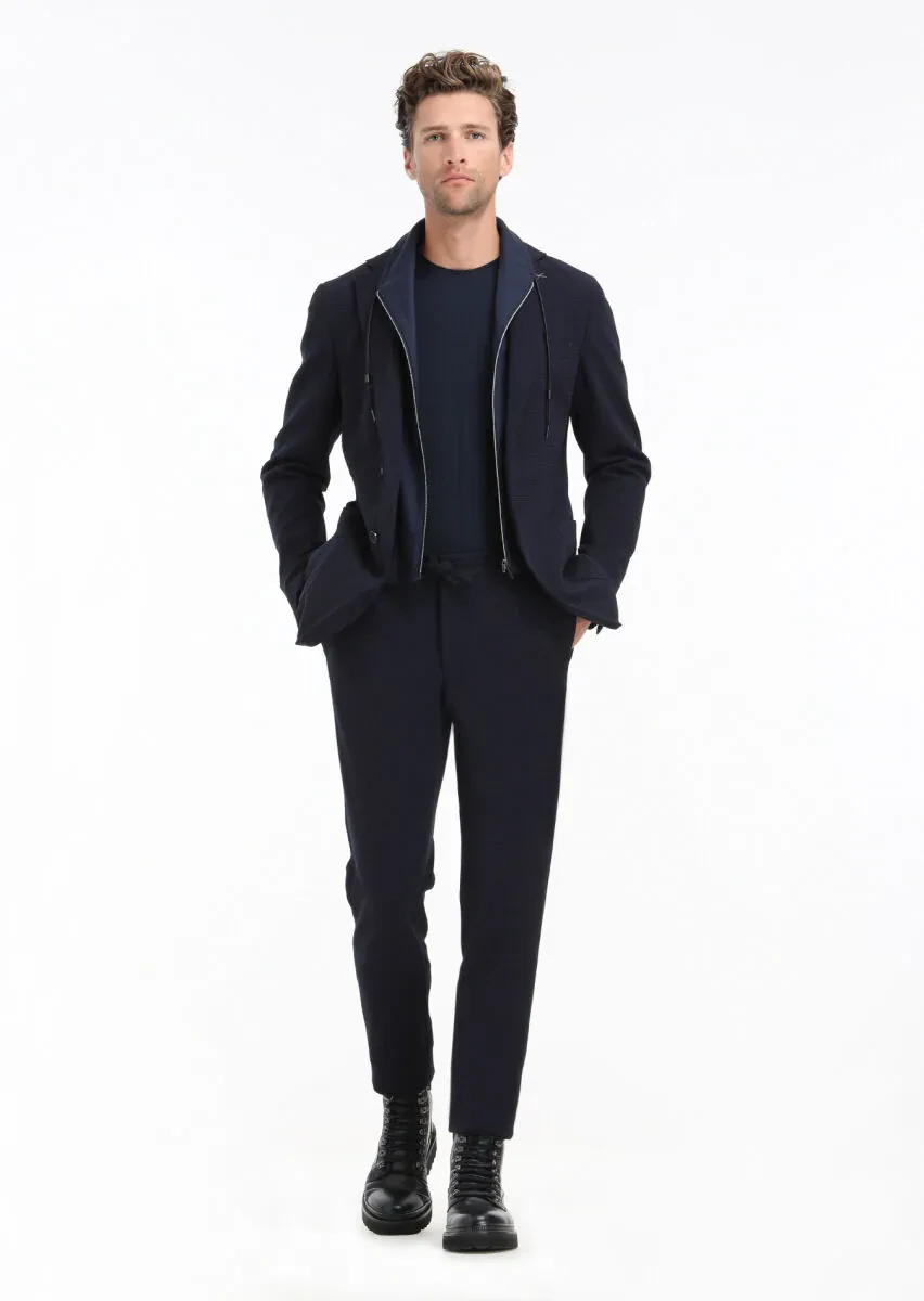 Navy Blue Patterned Comfort Fit Suit - 1