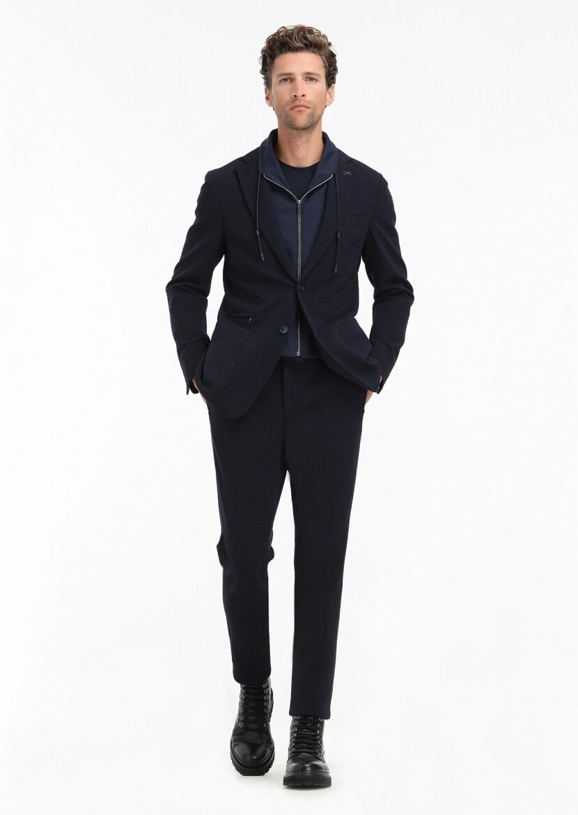 Navy Blue Patterned Comfort Fit Suit - 2