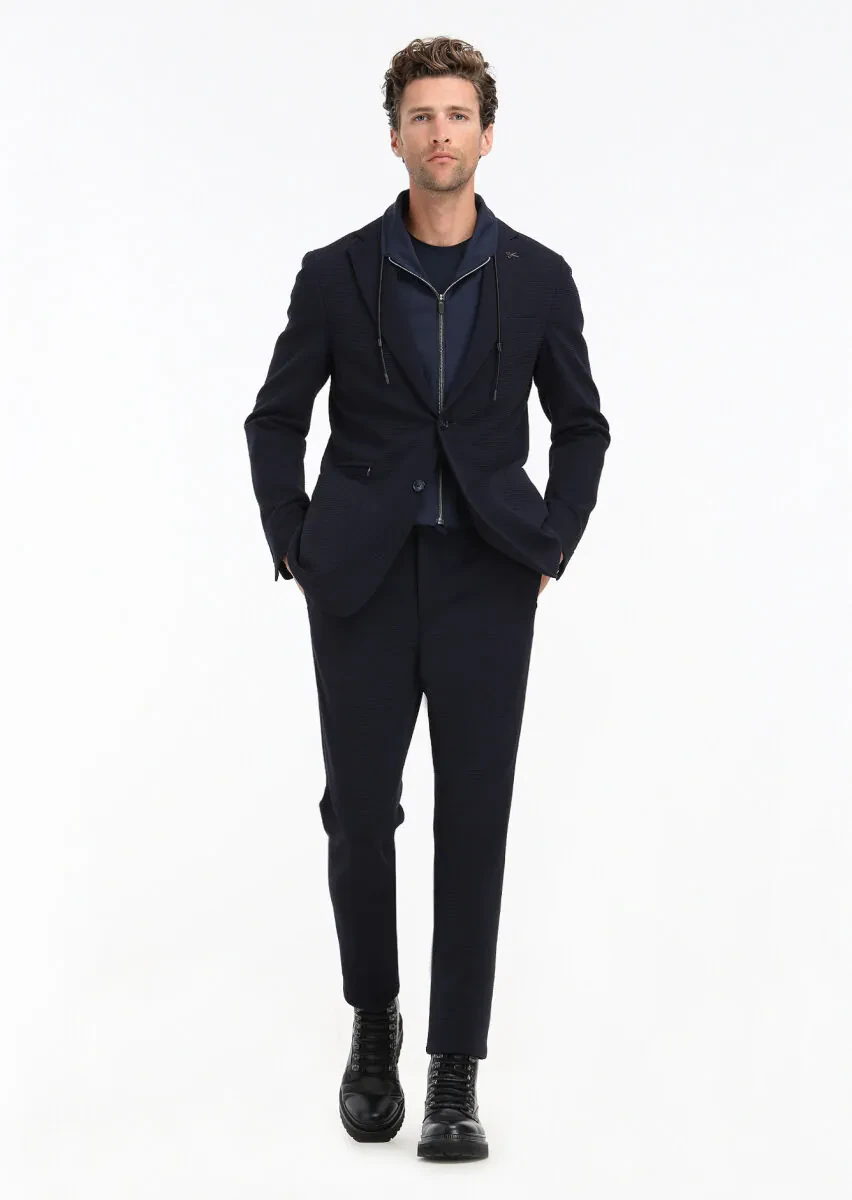 Navy Blue Patterned Comfort Fit Suit - 2